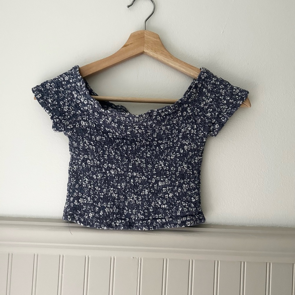Japna Small Blue Floral Smocked Off Shoulder Crop Top
